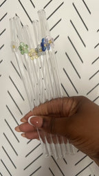 Reusable glass straw with colorful flower