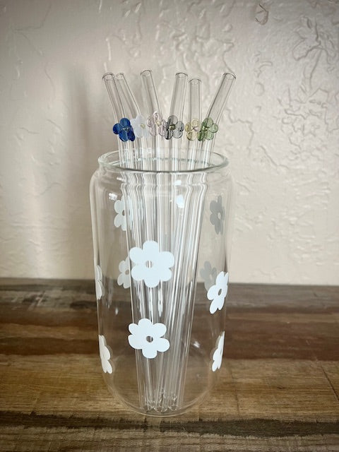 Reusable glass straw with colorful flower